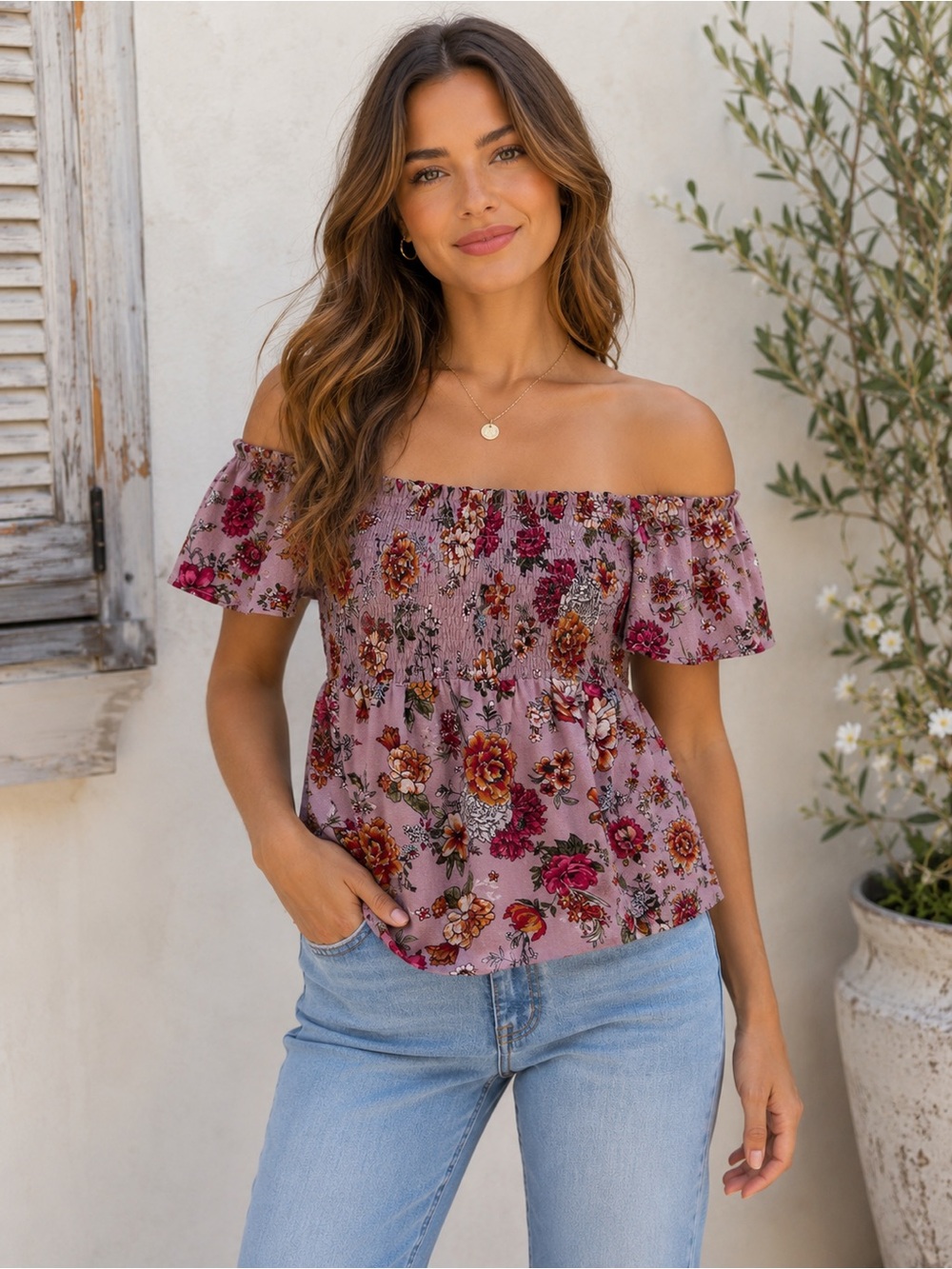 Monteau Pink Floral Off-Shoulder Smocked Top